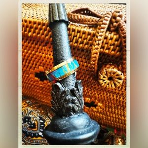 SOLD Ring: Gold polished brass with inlaid mother of pearl in swimming pool blue